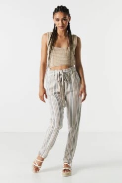 Linen Striped Belted Paperbag Pant