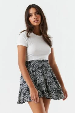 Black Floral Print Smock Tiered Skirt