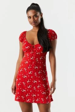 Red Floral Front Tie Milkmaid Dress