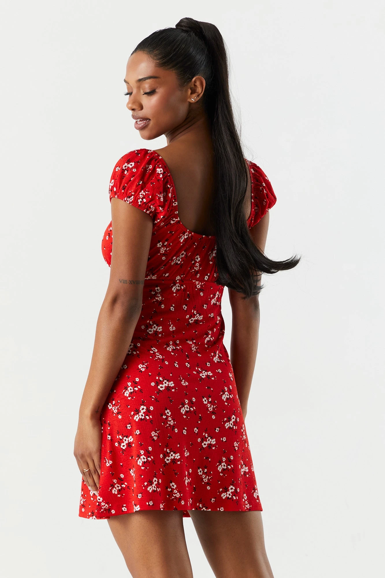 Red Floral Front Tie Milkmaid Dress - Image 2