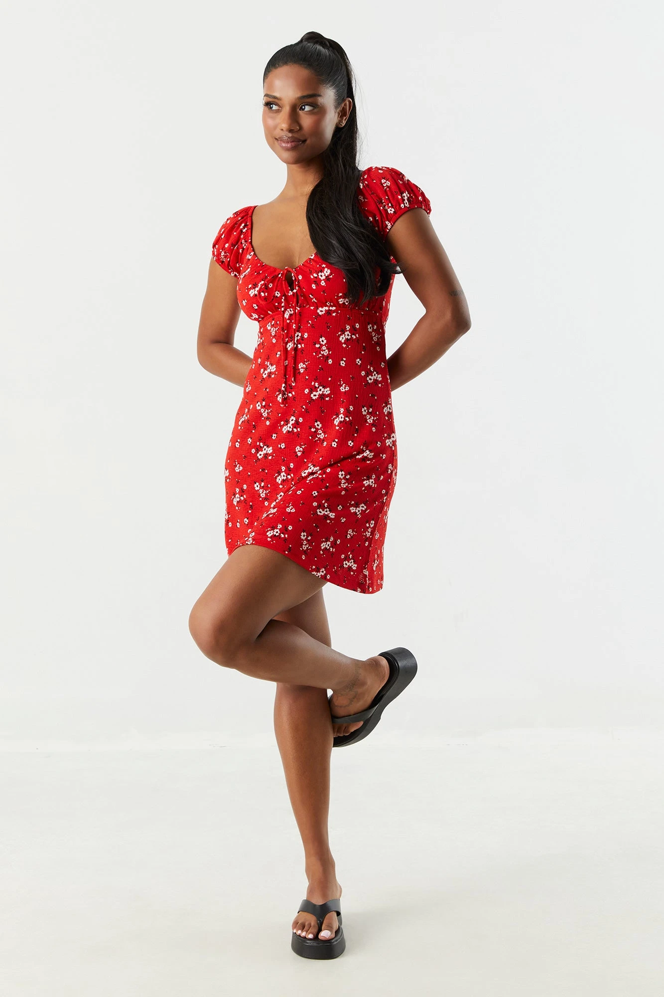 Red Floral Front Tie Milkmaid Dress - Image 3