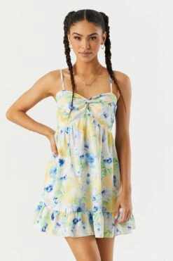 Blue And Yellow Floral Front Twist Babydoll Dress