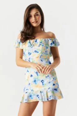 Blue And Yellow Floral Off Shoulder Dress