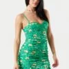 Green Floral Sweetheart Ruched Mini Dress