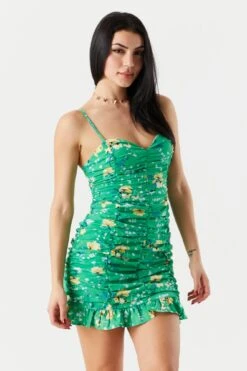 Green Floral Sweetheart Ruched Mini Dress