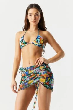 Multicolor Floral Print Mesh Ruched Skirt