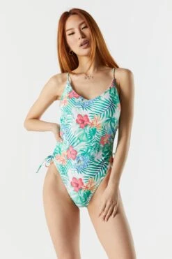 Tropical Print V-Neck Side Tie One Piece Swimsuit