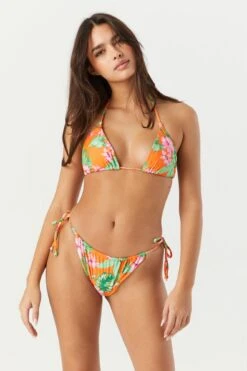 Orange Floral Print Side Tie Bikini Bottom
