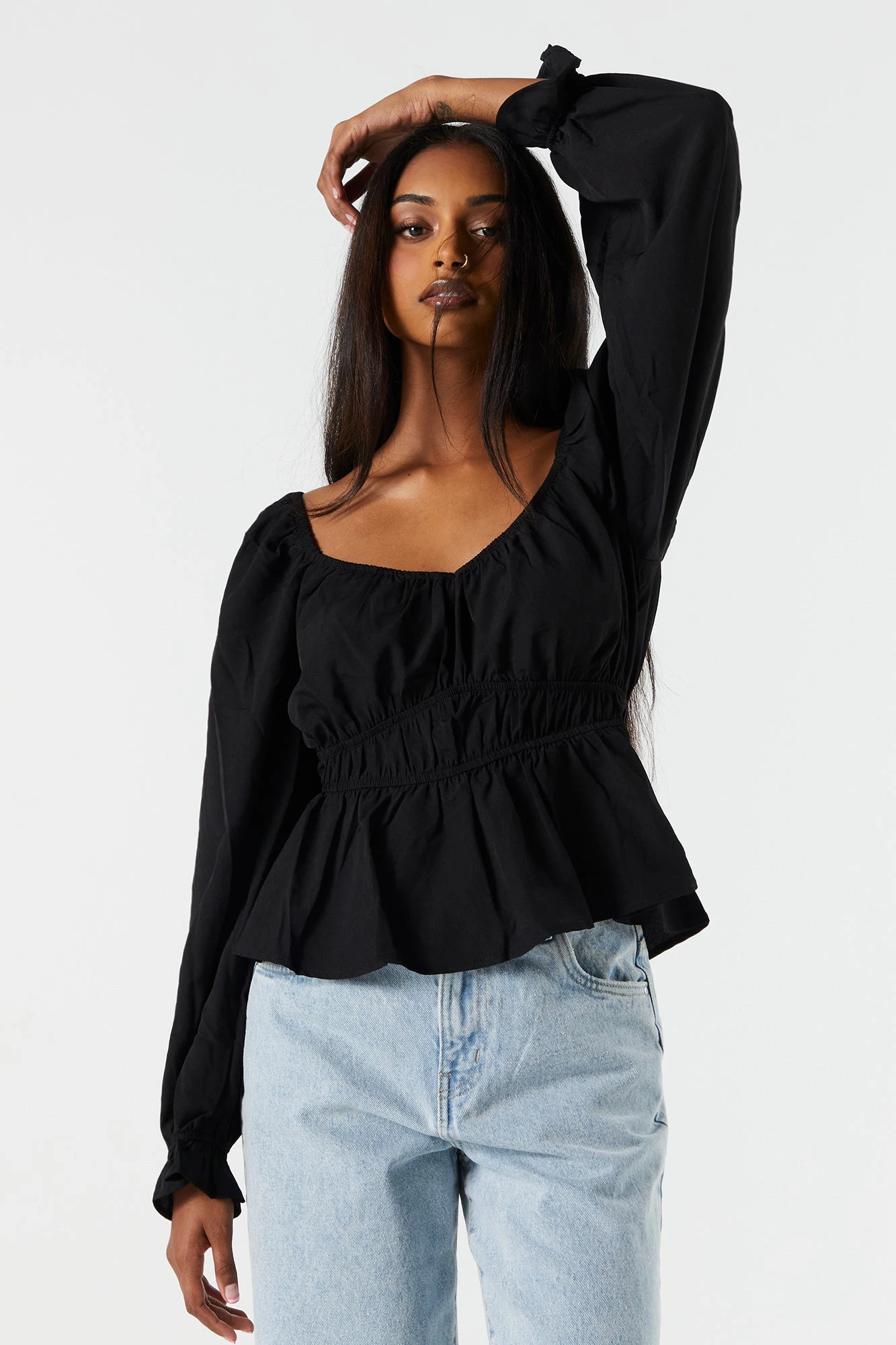 Elastic Waist Long Sleeve Top