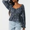 Blue Floral Elastic Waist Long Sleeve Top