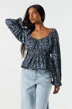 Blue Floral Elastic Waist Long Sleeve Top