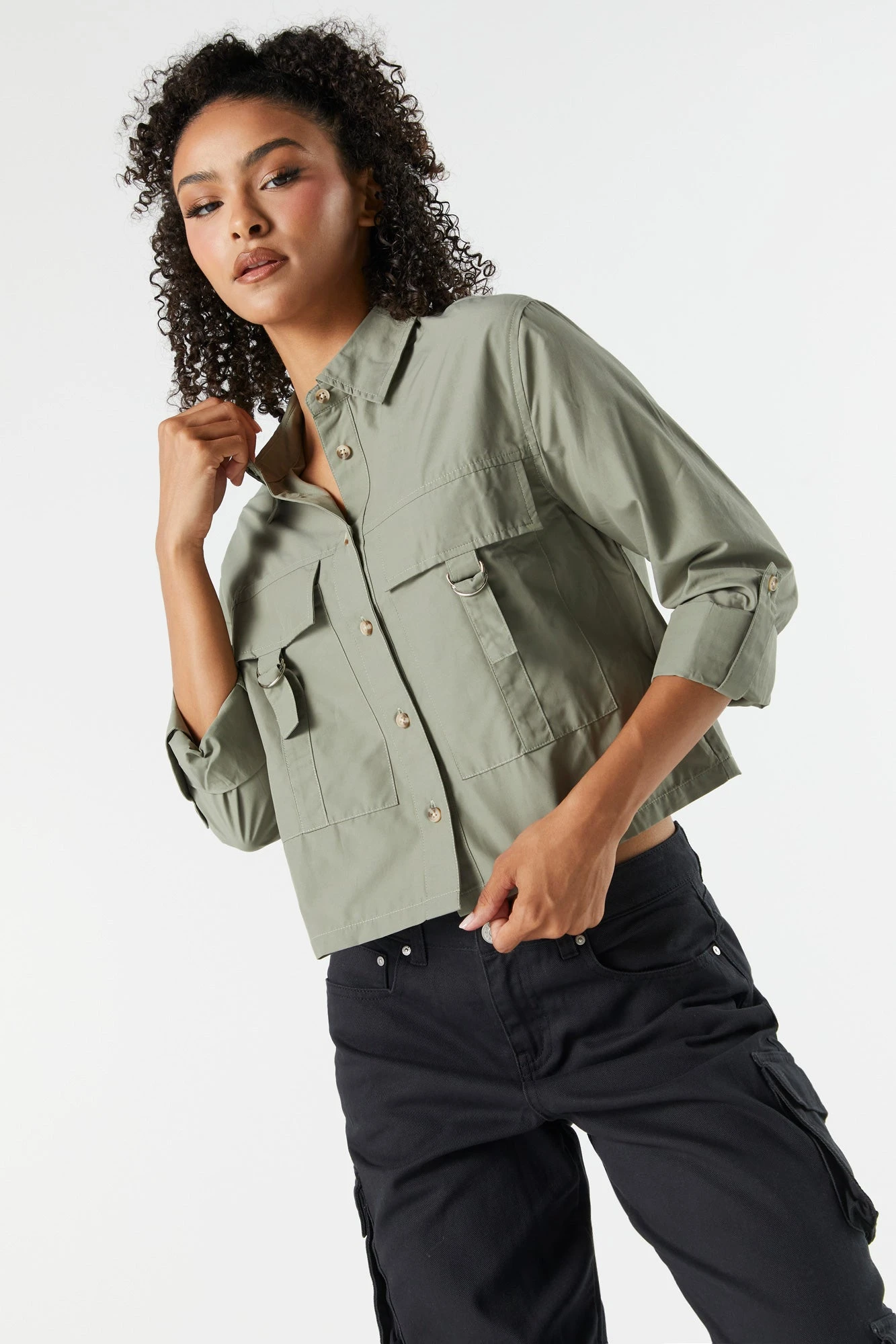 Oversized Poplin D-Ring Button-Up Top