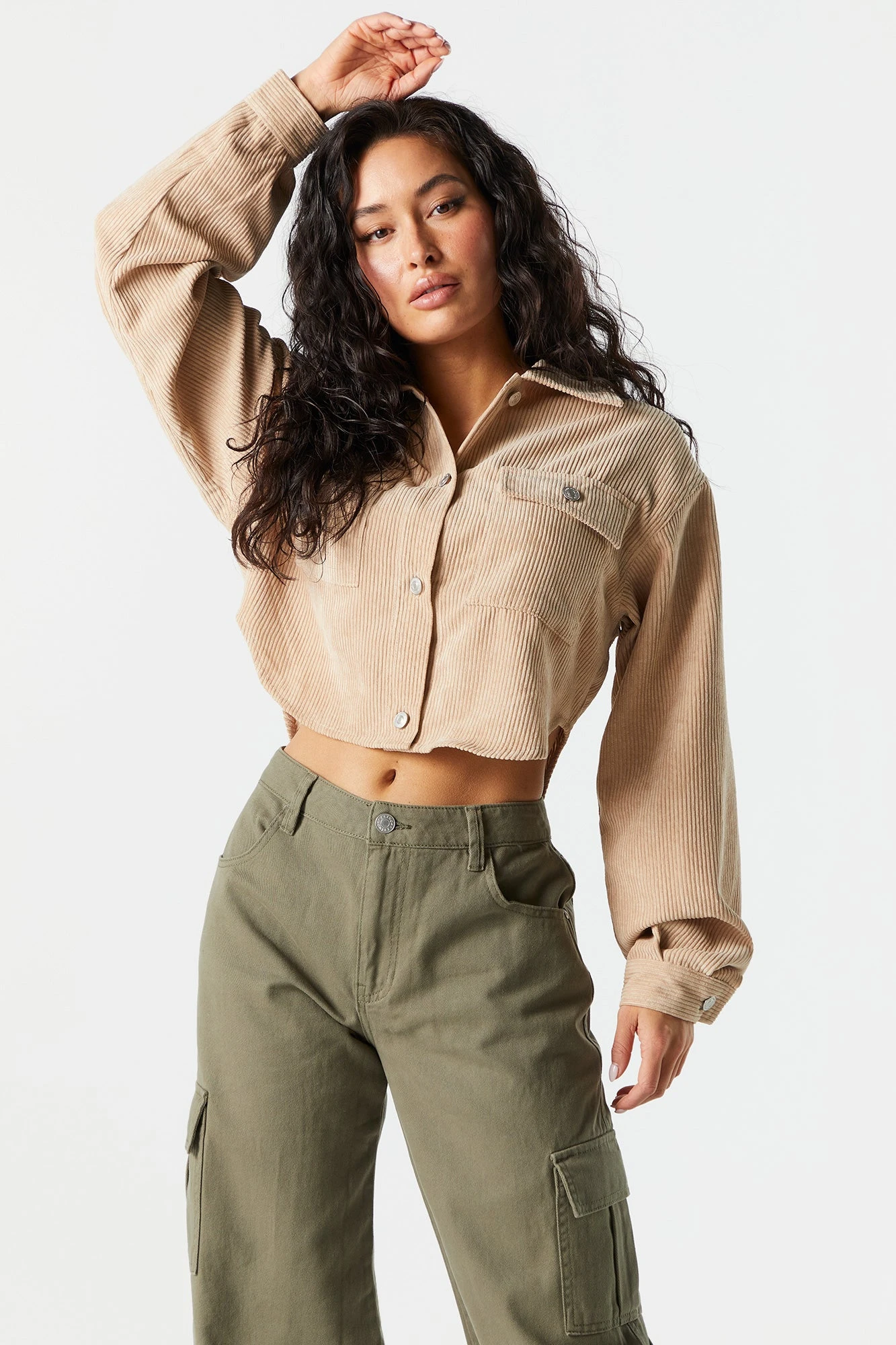 Corduroy Cropped Button-Up Shirt