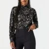 Black Floral Mock Neck Blouse