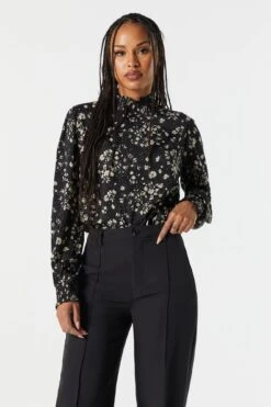 Black Floral Mock Neck Blouse