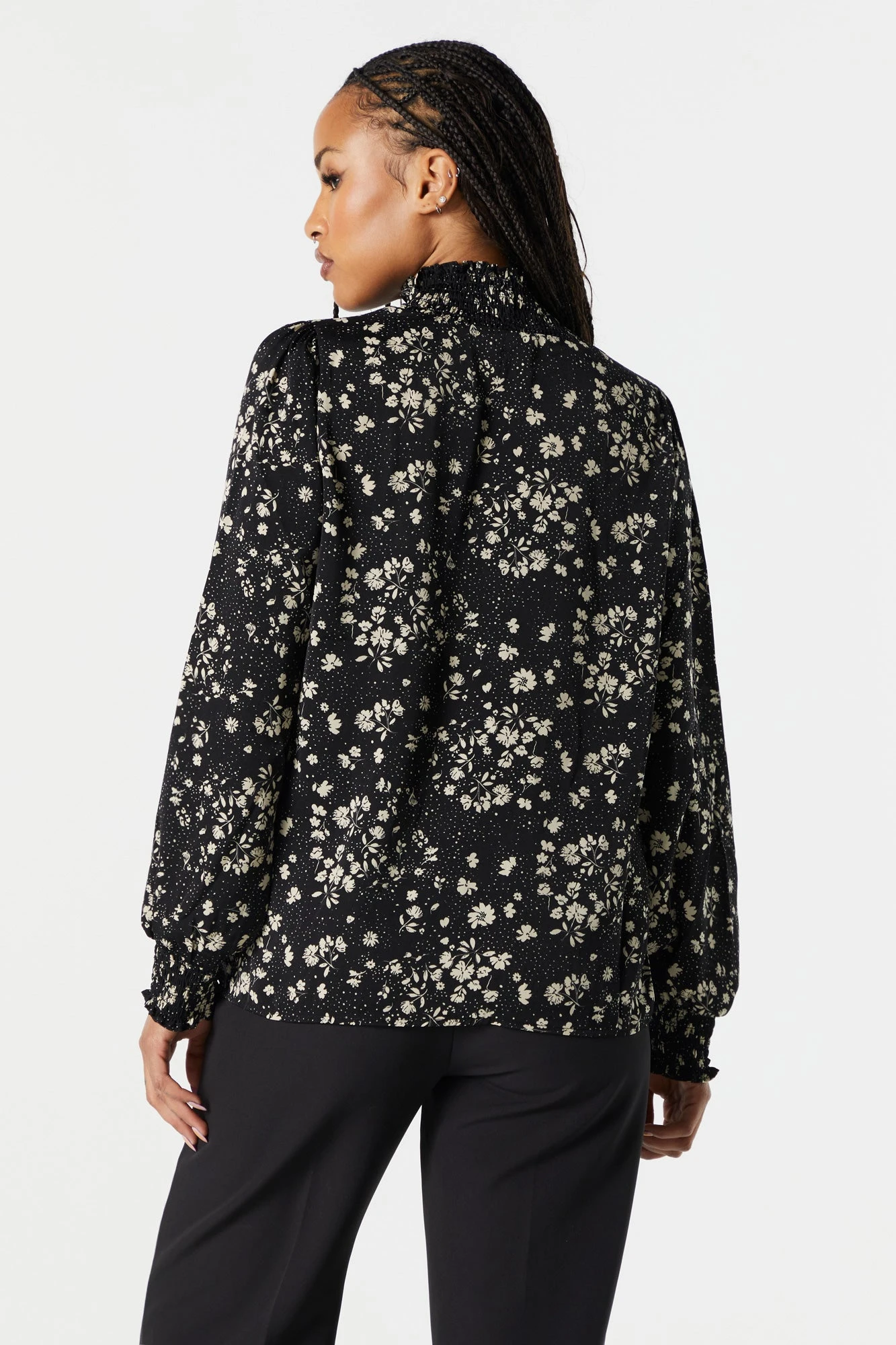 Black Floral Mock Neck Blouse - Image 2