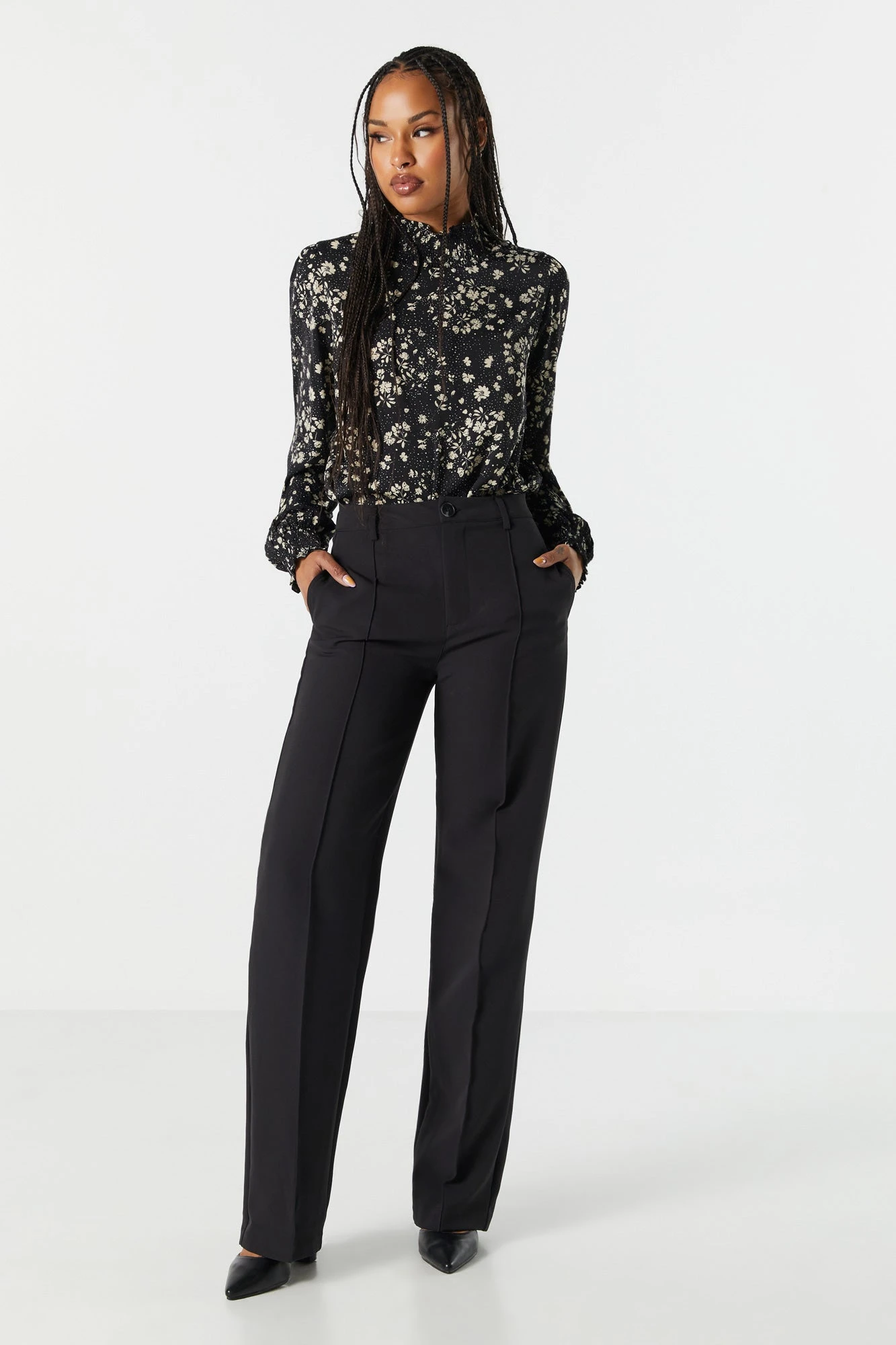 Black Floral Mock Neck Blouse - Image 4