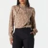 Brown Floral Mock Neck Blouse
