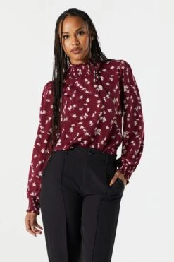 Burgundy Floral Mock Neck Blouse