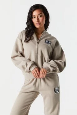 Zip Up Embroidered Varsity Hoodie