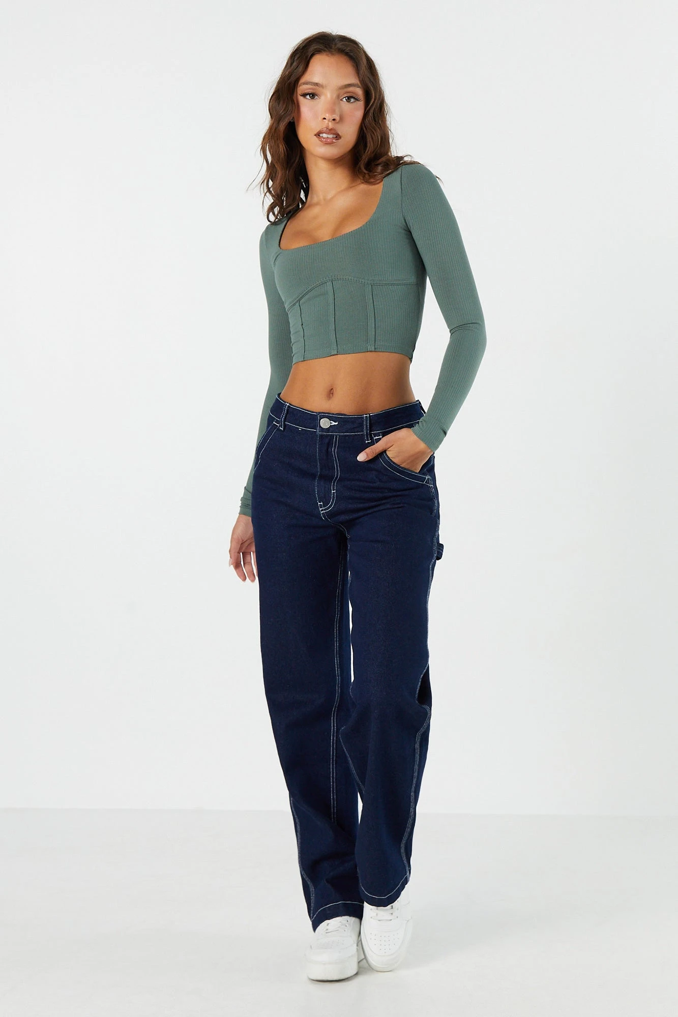 Ribbed Corset Long Sleeve Crop Top - Image 3