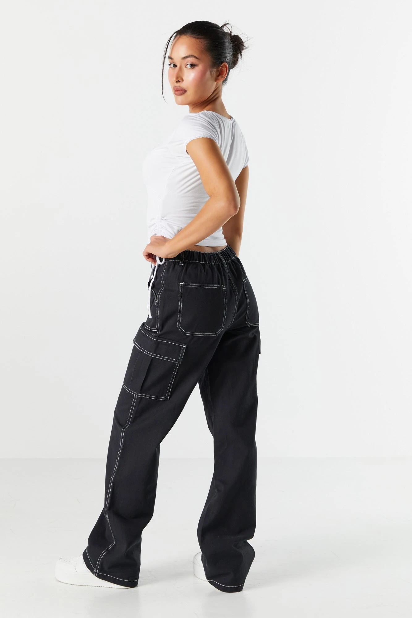 Contrast Stitch Elastic Waist Straight Leg Cargo Jean - Image 3