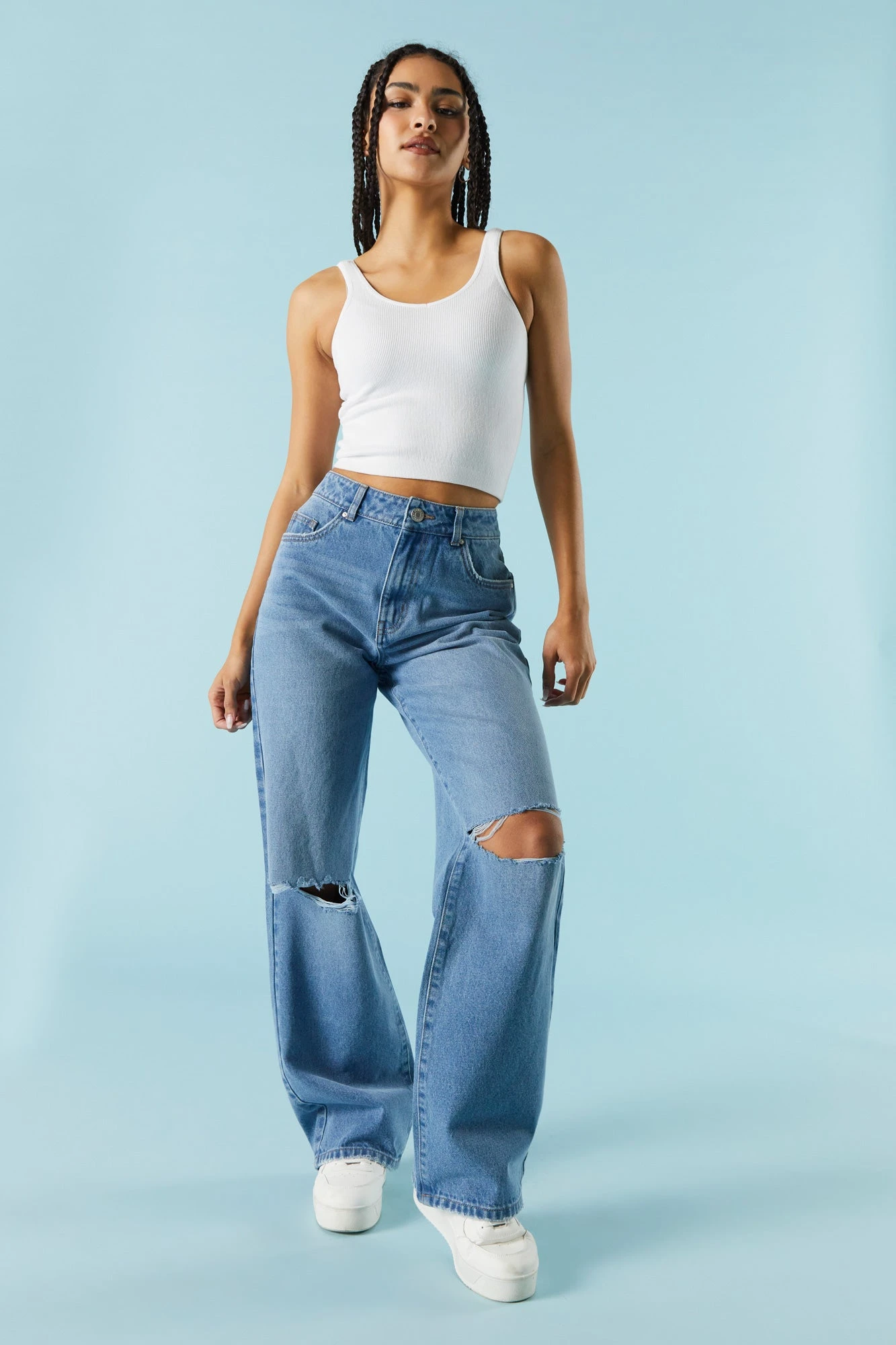 Medium Wash Distressed Wide Leg Jean
