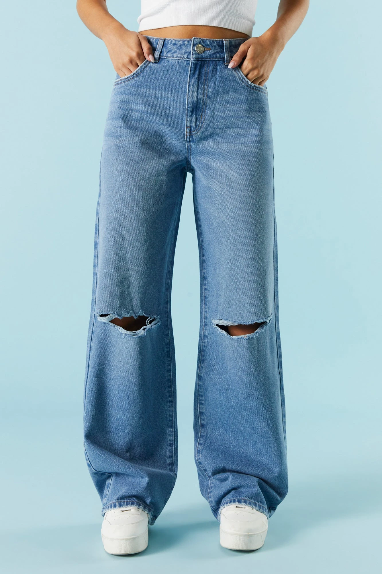 Medium Wash Distressed Wide Leg Jean - Image 2
