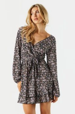 Black Floral Tiered Wrap Dress