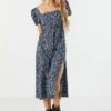 Blue Floral Slit Milkmaid Midi Dress