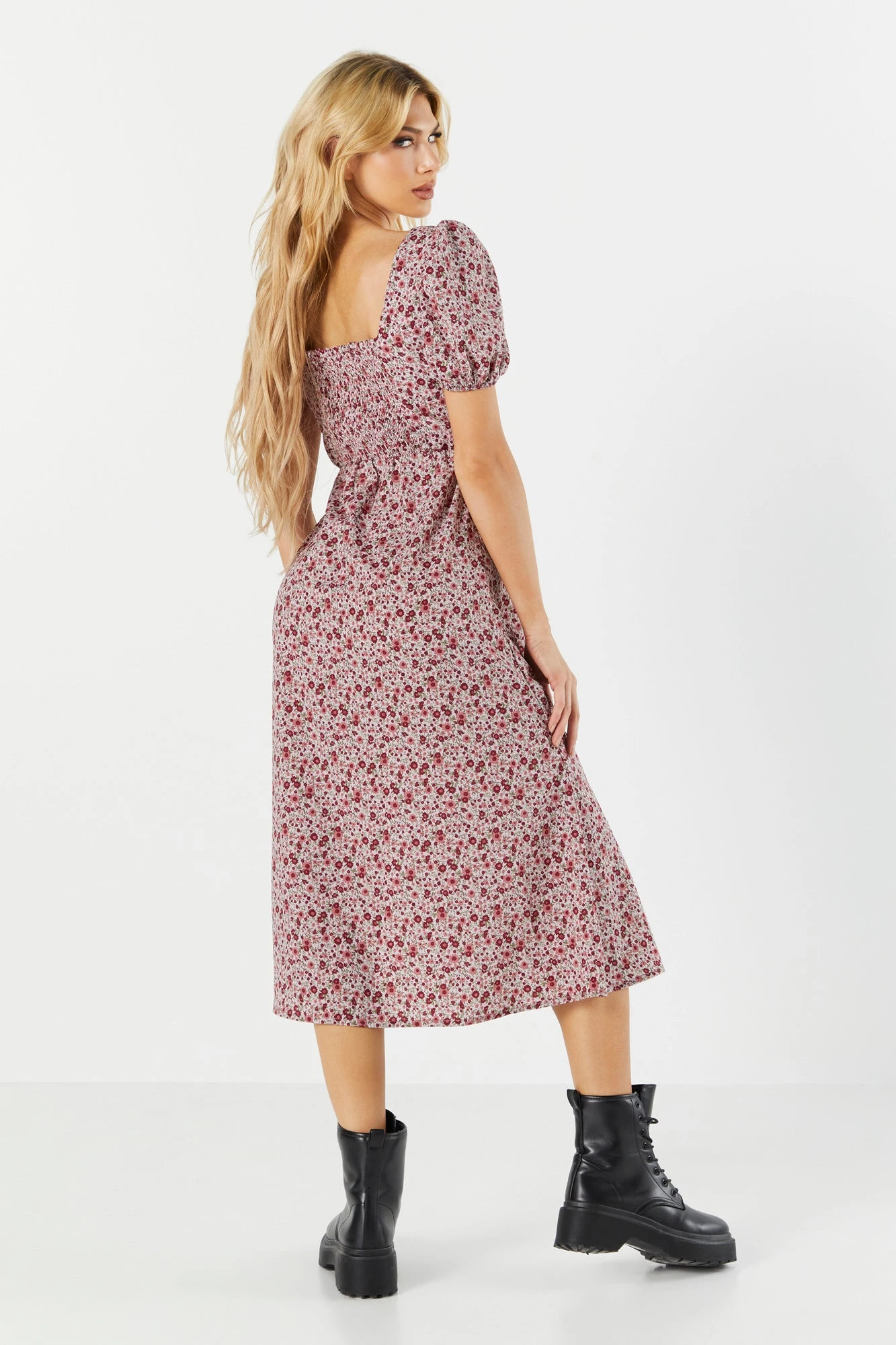 Purple Floral Slit Milkmaid Midi Dress - Image 2