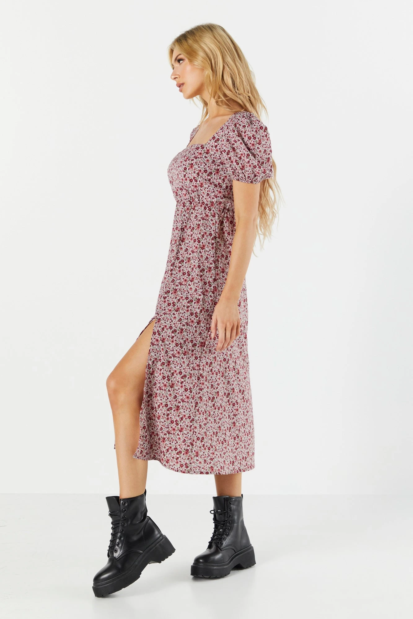 Purple Floral Slit Milkmaid Midi Dress - Image 3