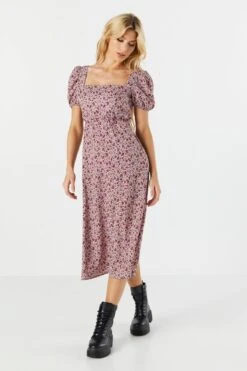 Purple Floral Slit Milkmaid Midi Dress