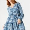 Blue Floral Long Sleeve Tiered Babydoll Dress