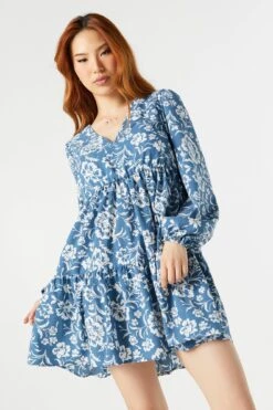 Blue Floral Long Sleeve Tiered Babydoll Dress